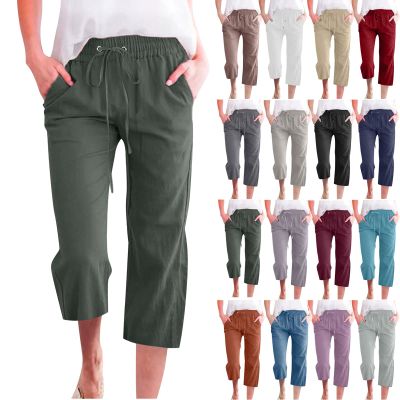 Cotton Linen Pants for Women Trendy 2026 High Waist Drawstring Cropped Pant Trousers Casual Summer Wide Leg Capris
