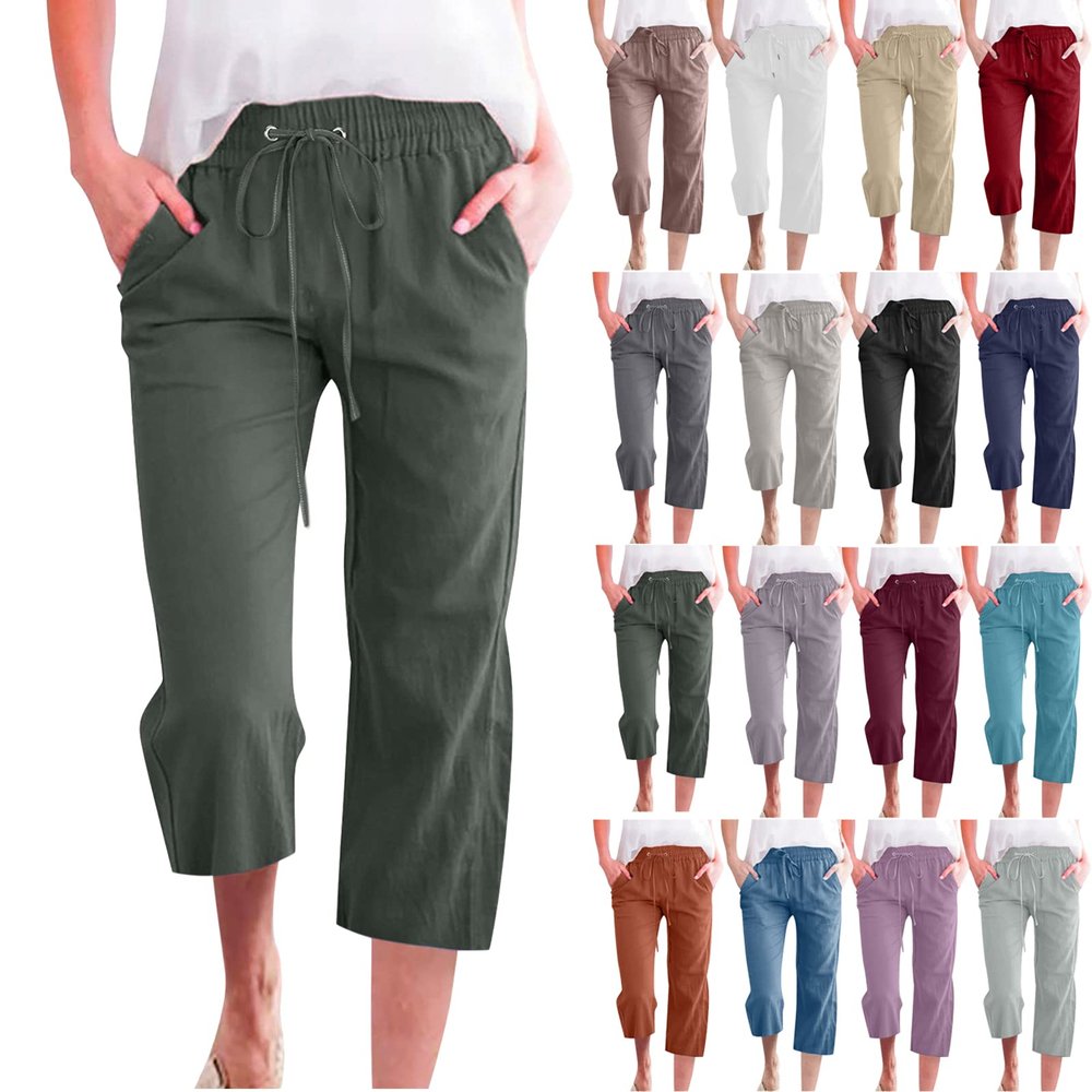 Cotton Linen Pants for Women Trendy 2026 High Waist Drawstring Cropped Pant Trousers Casual Summer Wide Leg Capris