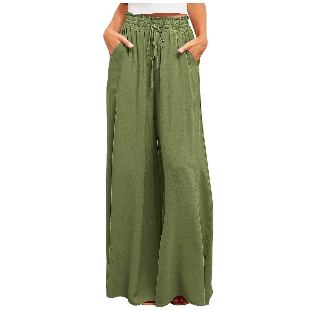 Akklian Cotton Linen Pants Women Baggy Causal Wide Leg Sweatpant Drawstring Elastic Waist Palazzo Outdoor Trouser with Pocket Army Green