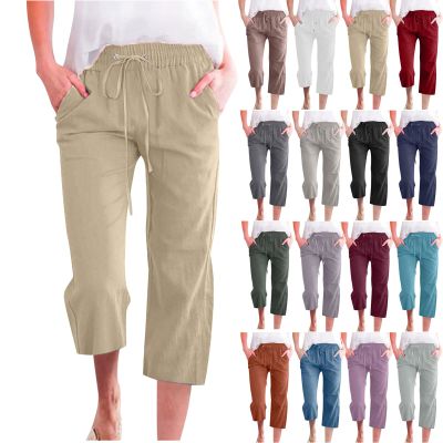 Cotton Linen Pants for Women Trendy 2026 High Waist Drawstring Cropped Pant Trousers Casual Summer Wide Leg Capris