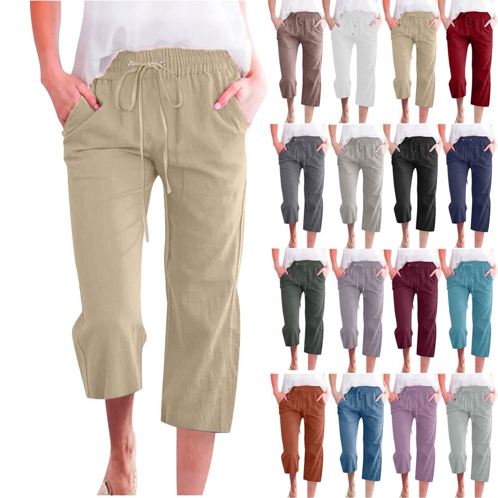 Cotton Linen Pants for Women Trendy 2026 High Waist Drawstring Cropped Pant Trousers Casual Summer Wide Leg Capris
