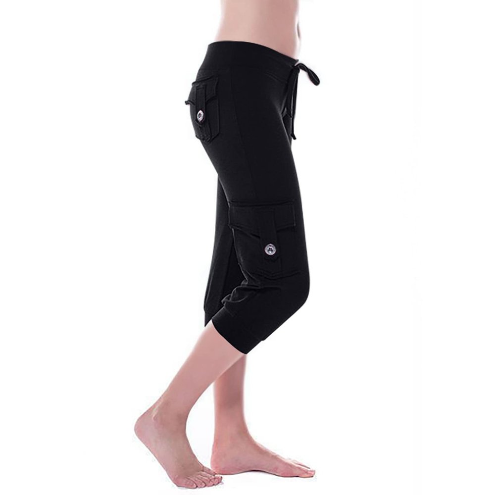 Akklian Women's Capri Yoga Pants Active Leggings Gym Cropped Trousers Drawstring Workout Sweatpants Causal Pants with Pockets Black