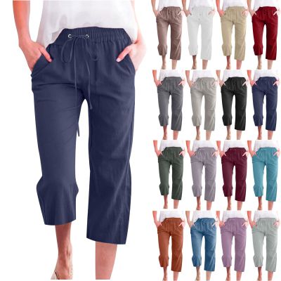 Cotton Linen Pants for Women Trendy 2026 High Waist Drawstring Cropped Pant Trousers Casual Summer Wide Leg Capris