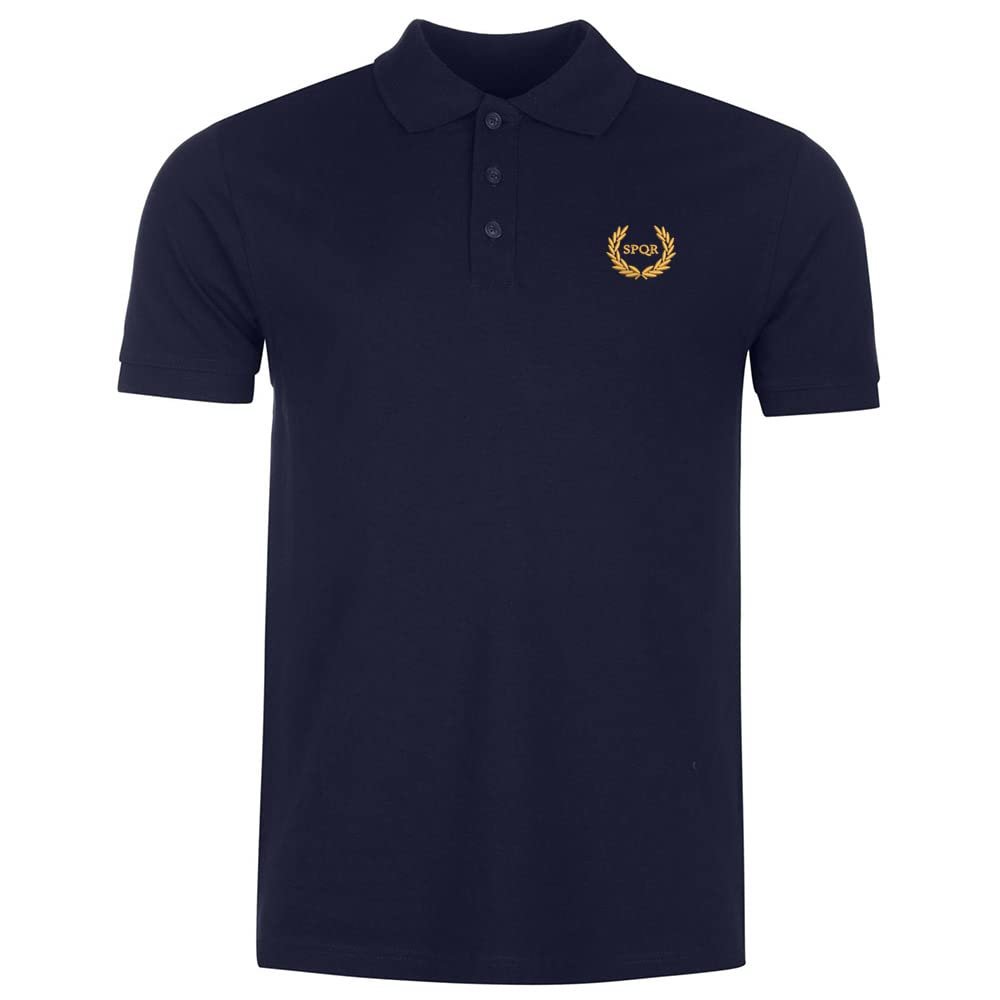 Mens Polo Shirts SPQR Roman Empire Caesar Wreath Embroidered Short Sleeve Polo Shirt Cotton Tennis Shirts for Men (Large,Navy)