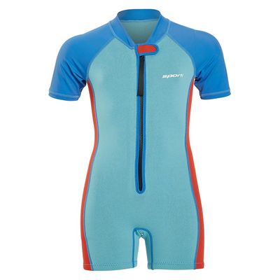 Sporti Kids Full Wetsuits - Seaskin Wetsuit for Boys Girls - Neoprene Thermal Swimsuits for Swim Practice - Short Sleeve Thermal Swimsuit - UPF 50 Minnow Short Sleeve - Splash Blue/Tomato Red - 2T