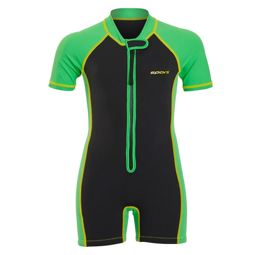 Sporti Kids Full Wetsuits - Seaskin Wetsuit for Boys Girls - Neoprene Thermal Swimsuits for Swim Practice - Short Sleeve Thermal Swimsuit - UPF 50 Minnow Short Sleeve - Black/Green Gecko - 9/10