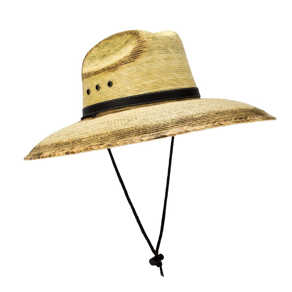Rising Phoenix Industries Mexican Palm Leaf Straw Lifeguard Sun Hat, Black Hatband, Vented Crown, Chin Strap, Natural