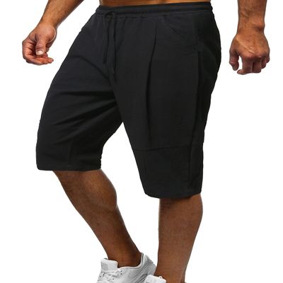 HangNiFang Men's Carpi Shorts Summer Long Linen Shorts Below Knee 3/4 Capri Pants with Pockets(0587-BlackX1-XL)