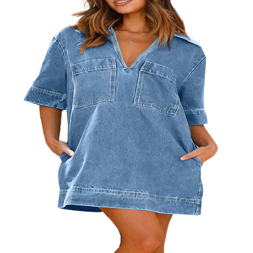 chouyatou Women's Summer Loose Fit V-Neck Sexy Mini Denim Dress Cute Jean Tunic Dress with Pockets (Medium, Light Blue)