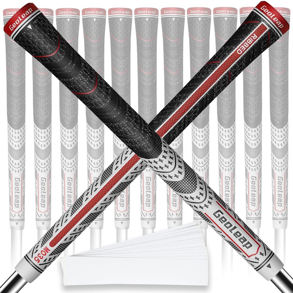Geoleap Golf Grips Set of 13 - Grips with 15 Tapes and Repair Kits, High Feedback Back Rib Technology, All-Weather Performance, Cross Corded Rubber Technology (White-Classic, Midsize)