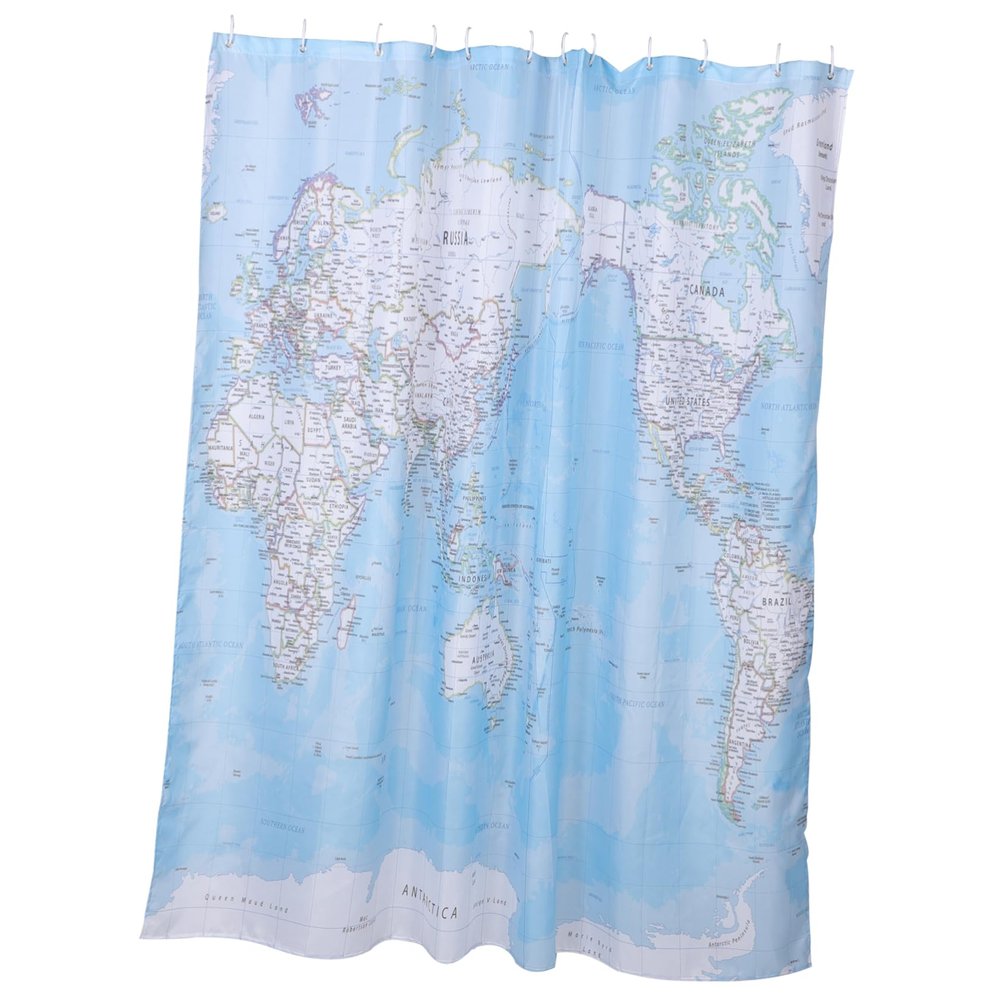 Cabilock 1set World Map Shower Curtain Bathroom Accessory Curtain Rings Educational Geography Design Machine Washable for Home Hotels Boys and Girls Bathrooms