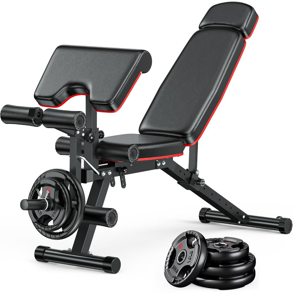 XDDIAS Workout Bench, Weight Bench with Leg Extension and Weights, Included 2 * 10LBS+2 * 25LBS Bumper Plates, Extended Headrest, Adjustable Exercise Bench for Home Gym for Full Body