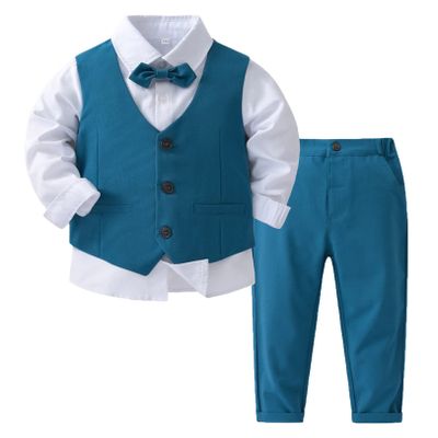 JEATHA Toddler Baby Boys 4-Piece Gentleman Outfit Formal Suit Long Sleeve Bow Tie Dress Shirt + Vest + Pant Set Blue 2-3 Years