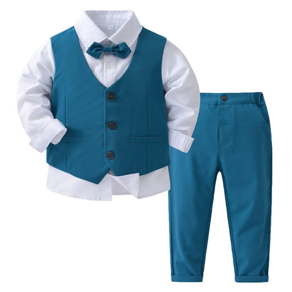 JEATHA Toddler Baby Boys 4-Piece Gentleman Outfit Formal Suit Long Sleeve Bow Tie Dress Shirt + Vest + Pant Set Blue 2-3 Years