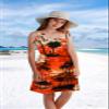 Girl's Women's Summer Spaghetti Strap Beach Dresses Hawaiian Hoilday Smocked Midi Sun Dress Ruffle Square Neck, Sunset Orange, US L view 3