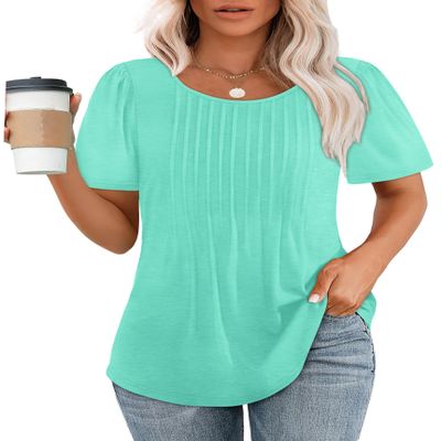Summer Tops for Women 2025 Trendy Short Sleeve T Shirts Tuck Pleated Front Loose Fit Dressy Casual Blouses Plus Size Fashion Aqua 3XL