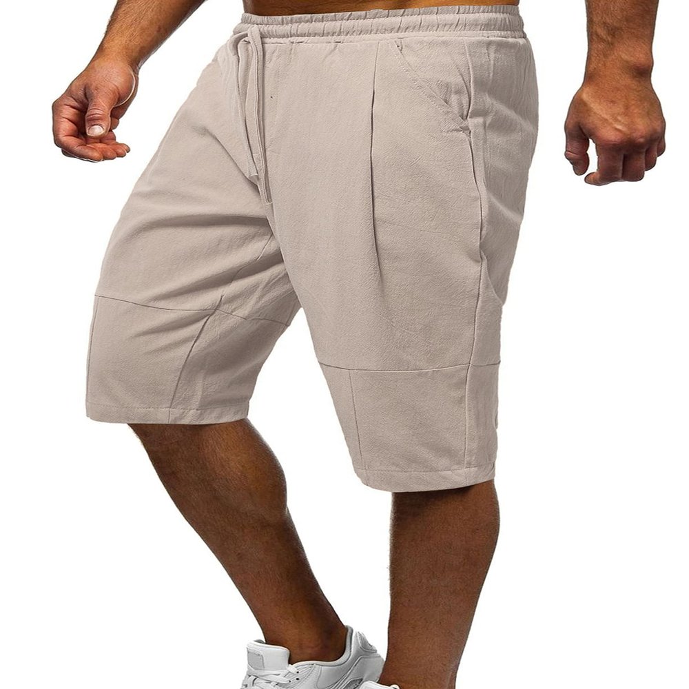 HangNiFang Men's Carpi Shorts Summer Long Linen Shorts Below Knee 3/4 Capri Pants with Pockets(0587-KhakiX2-XL)