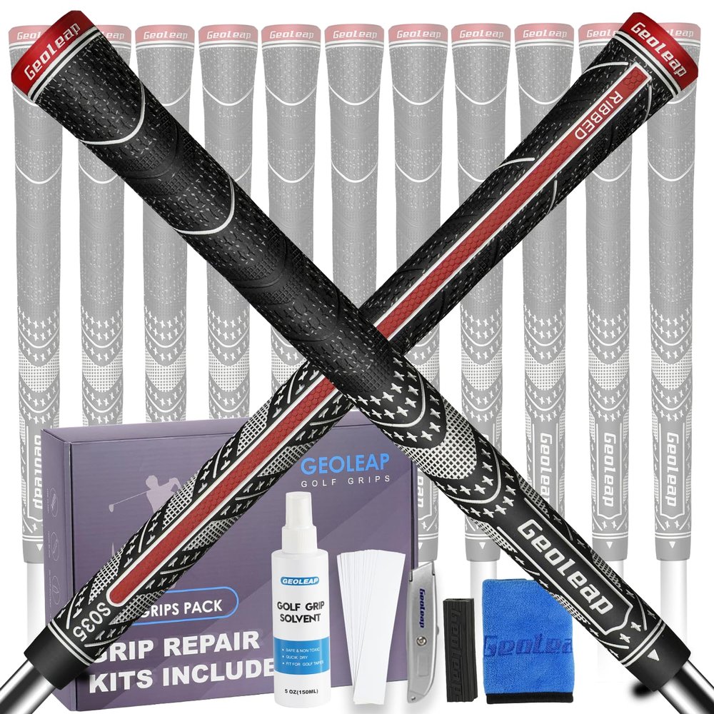 Geoleap Golf Grips Set of 13 - All-weather Performance, Cross Corded Rubber Technology, Black-Pro Kit (13 Grips with All Repair Kits)