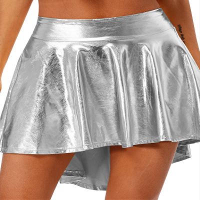 Alvivi Sexy Women Shiny Metallic Mini Ruffled Skirt Wetlook Skater Dance Party Skirt Clubwear Silver One Size