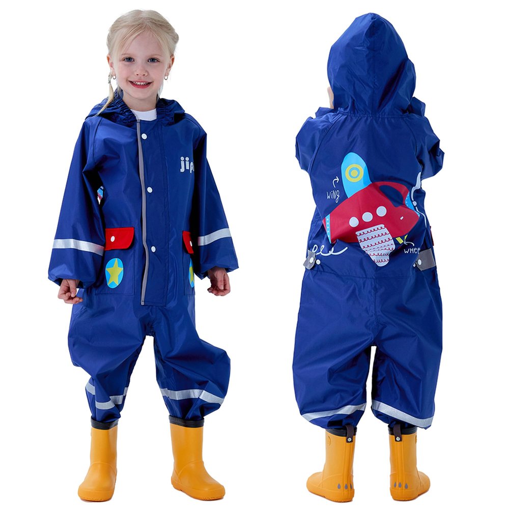 Fewlby Toddler Rain Suit Boys Girls One Piece Raincoat Cartoon Waterproof Coverall Kids Rainwear L Size 5-7 Years