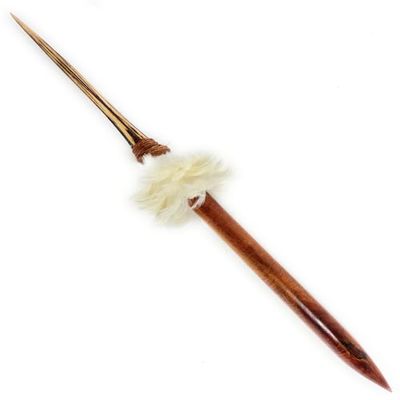 Tikimaster Elegant Premium Koa Ihe with Blue Marlin Bill 39 in - 2 inch Shaft Double Stack White Feathers Hawaiian Art | #koasw013