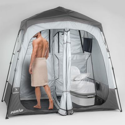 Portable Camping Shower Tent Deluxe Changing Room Easy Set Up Privacy Shelter,Large Toilet Tent 2 Rooms with Floor Drain Design for Beach, Camping,Hiking with Stakes and Ropes for Stability