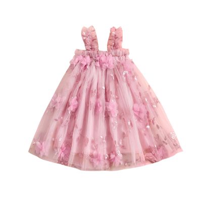 BULINGNA Toddler Baby Girl Princess Dress 3D Floral Embroidery Tulle Tutu Dress Sleeveless Strap Fairy Dress Summer Outfit (Pink, 3-4 Years)