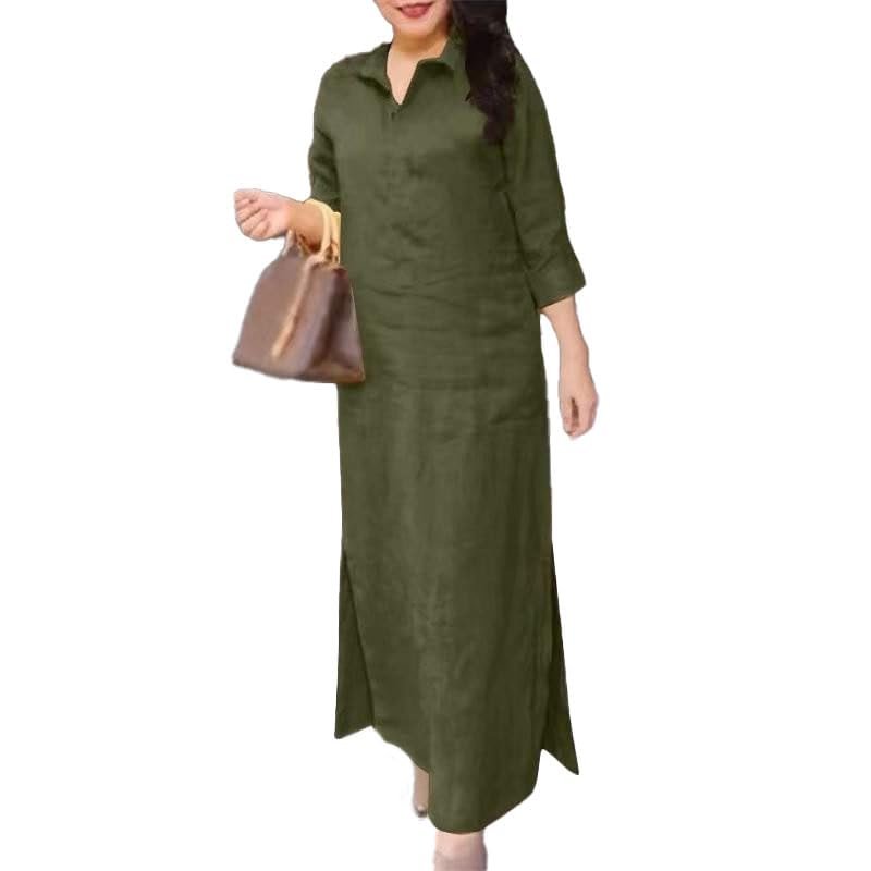 Akivide Women Casual Cotton Linen Long Sleeve Maxi Dress Loose Lapel V Neck Slit Plus Size Flowy Beach Tunic Shirt Dress 2024