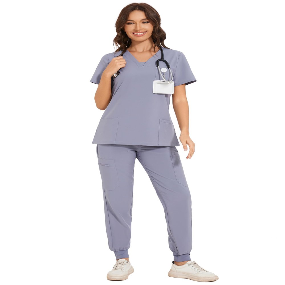 COZYFIT Scrubs for Women - V-Neck Top & Cargo Pants Scrubs Set with 10 Pockets - Light Grey, XXL
