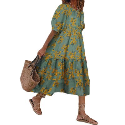 Akivide Women Casual Boho Floral Print Maxi Dress Summer Half Puff Sleeve Crewneck Tiered Swing Flowy Beach Loose Tshirt Long Dress Plus Size 2024