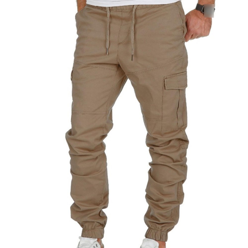 JEsilunmaMY Casual Cargo Pants for Men Drawstring Joggers Sweatpants with Multi Pockets Outdoor Workout Running Hiking Pants (Khaki,Large)