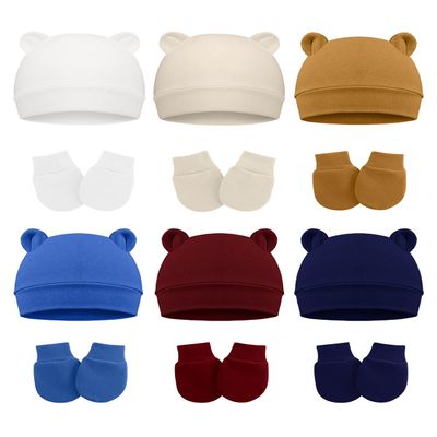 ZURLEFY Scratch Baby Hand Mittens for Newborn Boys, Cute Baby Bear Ear Hats and Baby Mittens 0-6 Months(31-07-6p4)