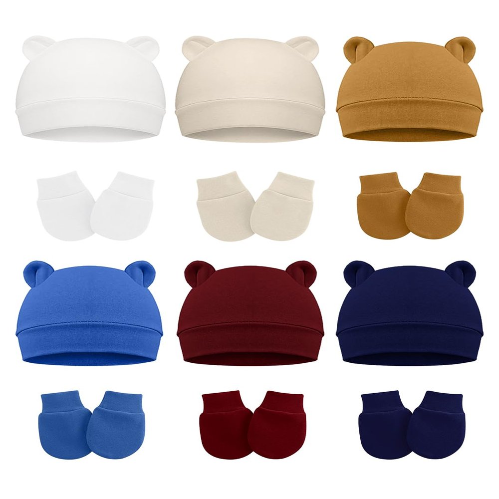 ZURLEFY Scratch Baby Hand Mittens for Newborn Boys, Cute Baby Bear Ear Hats and Baby Mittens 0-6 Months(31-07-6p4)