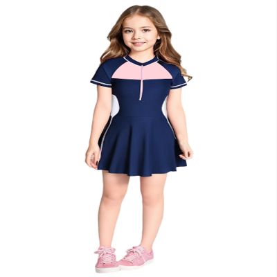 Freebily Kids Girls Summer Beach Swimwear Short Sleeve Zipper Front Bathing Swim Dress Dark Blue 9-10 Years