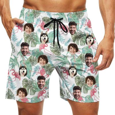 Custom Swim Trunks Men Personalized Funny Swim Beach Shorts with Faces on Them Custom Birthday Gifts for Men (Hawaiian-32)