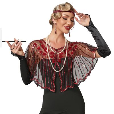 BESTORI 1920s Shawl Wraps Sequin Beaded Womens Cape for Evening Party Dresses Wedding Party Red