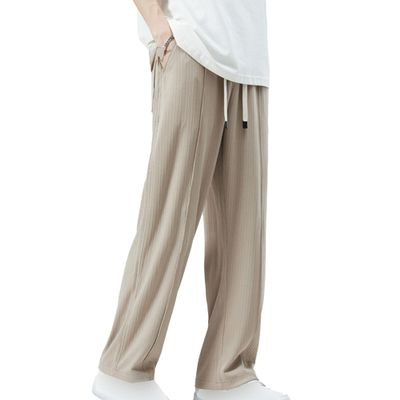 JEsilunmaMY Men's Flat Front Casual Trousers Ice Silk Summer Drawstring Wide Leg Pants Relaxed Fit Joggers Lounge Pants (Khaki,3X-Large)