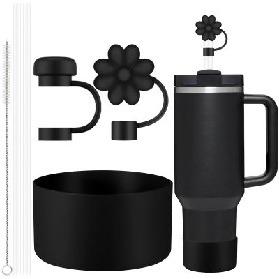 6 Pcs Accessories for Stanley Cup 20-40oz,2 Straw Covers,2 Replacement Straws,1 Straw Brush,1 Boot Included, Silicone Straw Cover Caps Topper (Black)