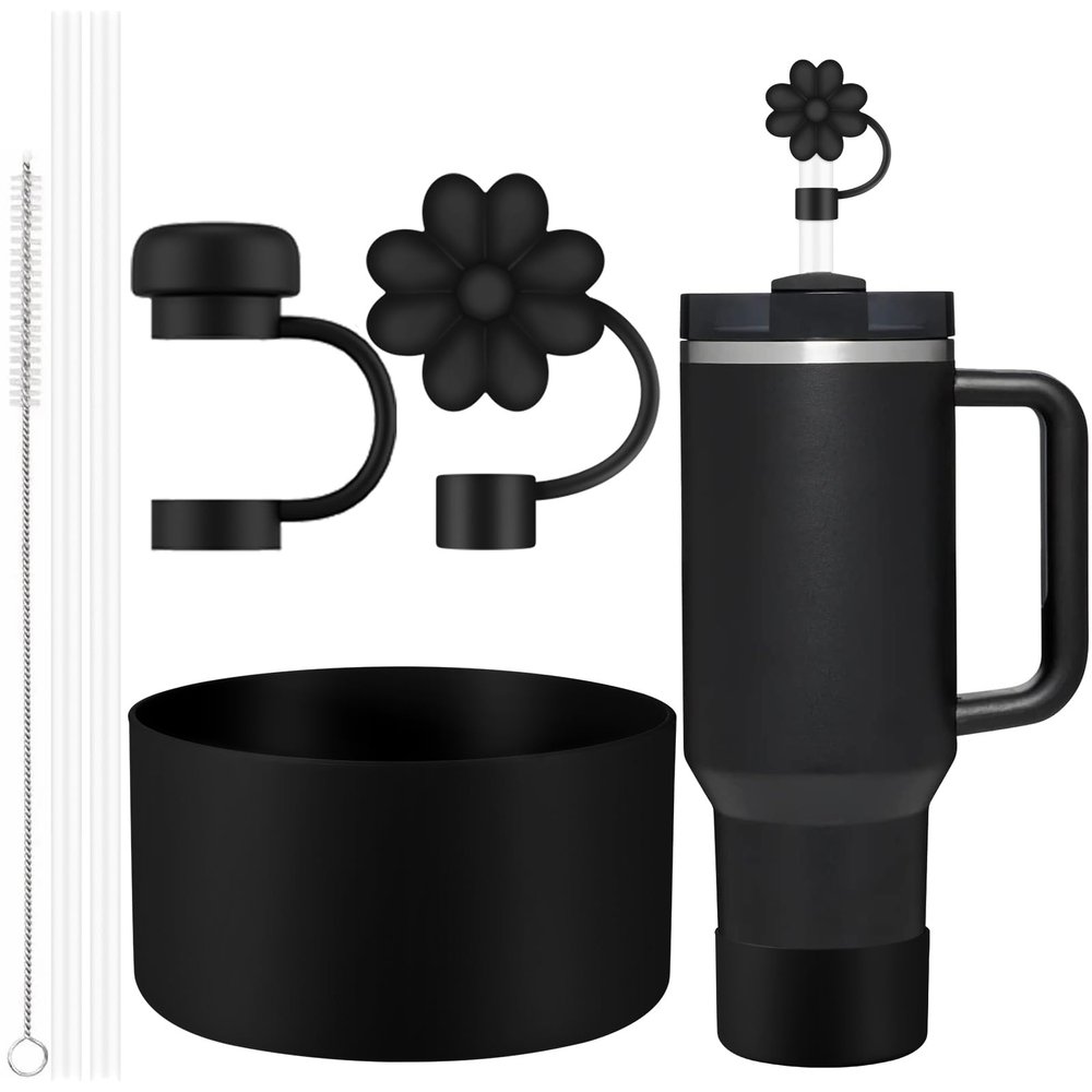 6 Pcs Accessories for Stanley Cup 20-40oz,2 Straw Covers,2 Replacement Straws,1 Straw Brush,1 Boot Included, Silicone Straw Cover Caps Topper (Black)