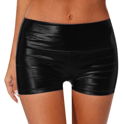 Lejafay Women's Metallic Rave Booty Shorts Hot Pants Shiny High Waisted Bottoms for Dance Festival Black Small