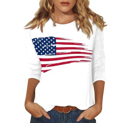 2025,Patriotic Shirts for Women Plus Size 3/4 Sleeve American Flag T Shirt USA Star Stripes 4th of July Outfits Dressy Casual Tunic Tops Funny Fourth of July Graphic Tees(an White,XX-Large)