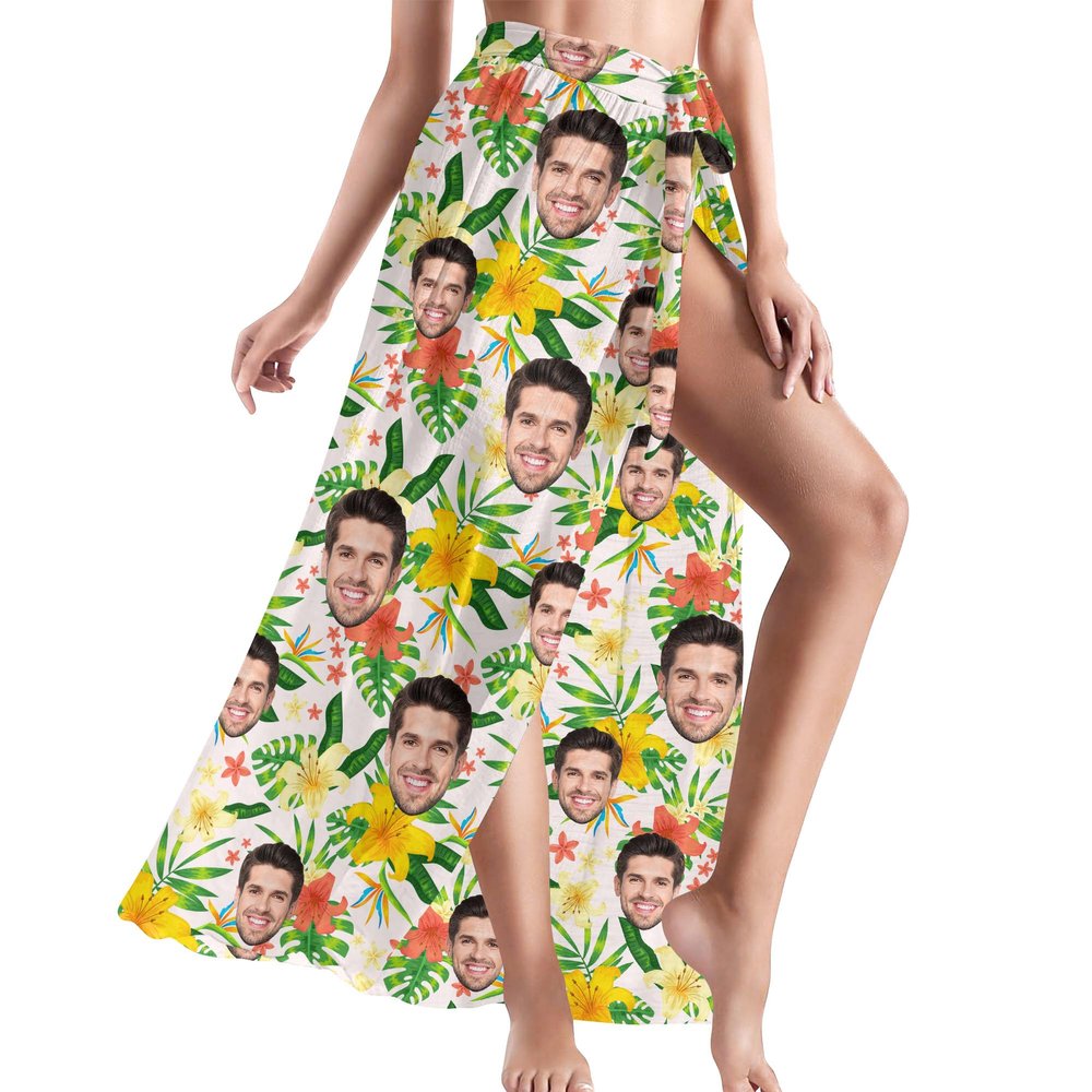 Custom Womens Sarong Wrap Beach Cover Ups Long Bikini Wraps Personalized Face Swimsuit Skirt Coverups Sheer Bathing Suit Swimwear Floral 24