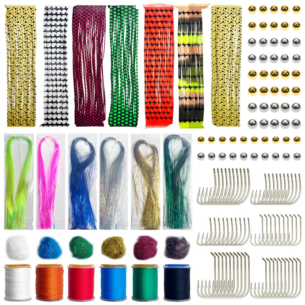 FREE FISHER 145Pcs Fly Tying Material Kit Flashabou Dubbing Threads Copper Beads Silicone Rubber Legs Hooks Fly Tying Tools Kit