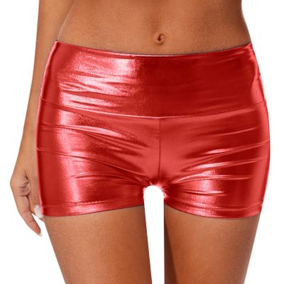 YiZYiF Women's Metallic Rave Booty Shorts Shiny High Waisted Shorts Hot Pants Dance Festival Bottoms Red Small