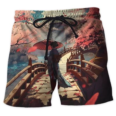 Geisha Men's Swim Trunks - Cherry Blossom Hawaiian Shorts for Men, Men's Summer Bathing Shorts Set 24 Size M