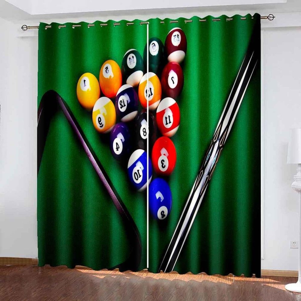 FNOIMO Green Pool Table Window Curtains, Billiards Enthusiasts Window Curtain Set of 2 Panels, 3D Printed Noise Reducing Grommet Drapes for Living Room Nursery Kids Girls Bedroom 79" W x 63" L