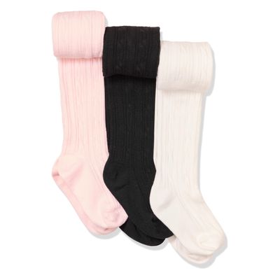 Amazon Essentials Girls' Cable Knit Tight, Pack of 3, Black/Pink/White, Large