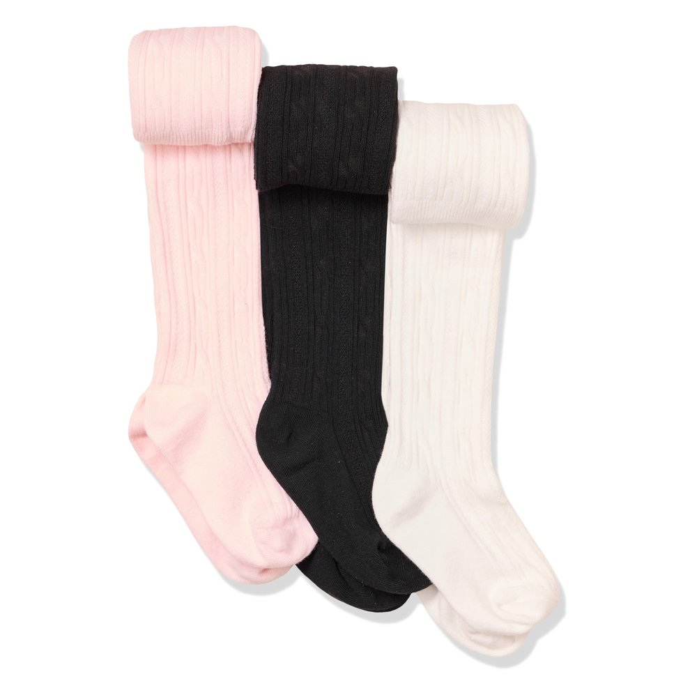 Amazon Essentials Girls' Cable Knit Tight, Pack of 3, Black/Pink/White, Large