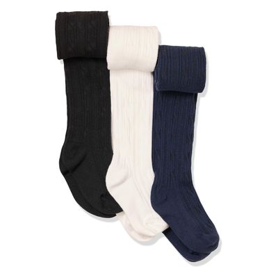 Amazon Essentials Girls' Cable Knit Tights, Pack of 3, White/Black/Navy, X-Small