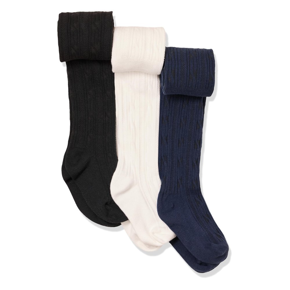 Amazon Essentials Girls' Cable Knit Tights, Pack of 3, White/Black/Navy, X-Small